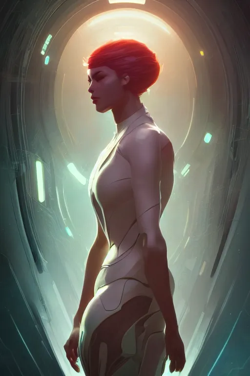 Image similar to a futuristic woman, highly detailed, digital painting, artstation, concept art, smooth, sharp focus, illustration, Unreal Engine 5, 8K, art by Ross Tran and greg rutkowski and alphonse Mucha