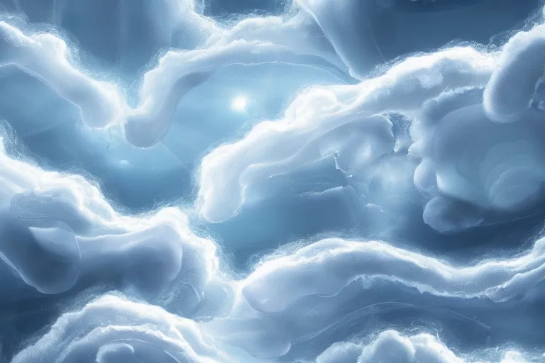 Prompt: a flock of many round puffy white transparent clouds swirling into large twisting blobs of rippling glass, abstract environment, lightning, award winning art, epic dreamlike fantasy landscape, ultra realistic,