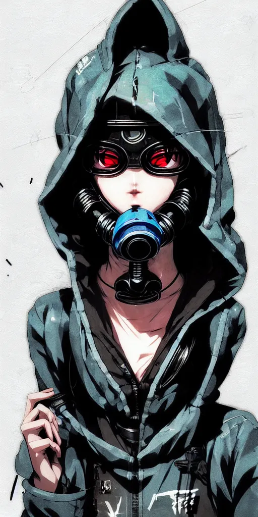 Image similar to cyberpunk anime girl in hoodie, cyberpunk gas mask, 3 / 4 shot, street night, grafity, beautiful face, grafity, arcane, action, tokyo street, detail, good face, pose model, concept art, in style of yoji shinkawa, pan ren wei, col price, atey ghailan, by greg rutkowski, aesthetic