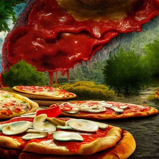 Prompt: highly detailed, high resolution, hyper realistic, 8 k, trending on artstation, landscape nature painting, trees made out of pizza, ground is made of cheese and pepperoni, waterfall made of marinara sauce, clouds are bell peppers, mushrooms