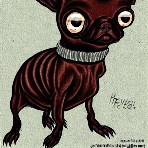 Prompt: a dark brown chihuahua, hyper detailed, in the style of junji ito, full body