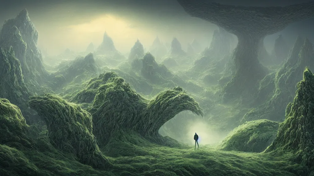 Prompt: gediminas pranckevicius an alien landscape view, alien sky, star in the sky, alien waterfall, weird alien trees, alien mountains, epic composition, 4 k, detailed, realistic