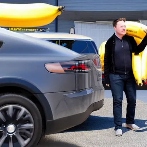 Prompt: Elon Musk demonstrating his new high speed banana transport system