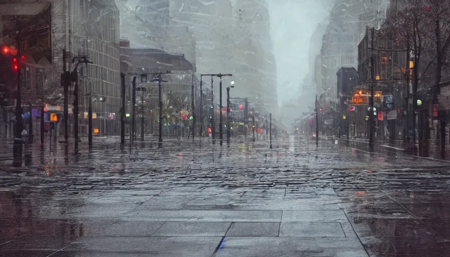 Prompt: empty wet streets of washington dc, rainy day, leafs, dirty ground, hyperdetailed, artstation, cgsociety, 8 k