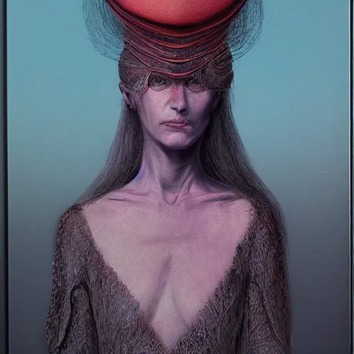 Prompt: portrait of woman with a ceremonial hat embedded into her skull, by wayne barlowe