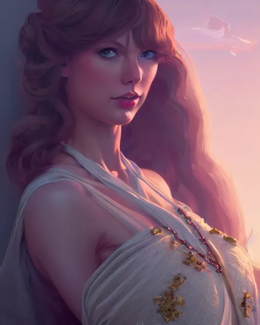 Image similar to portrait of taylor swift as an elegant renaissance goddess, in gta v, stephen bliss, unreal engine, by greg rutkowski, loish, rhads, makoto shinkai and lois van baarle, ilya kuvshinov, rossdraws, global illumination, radiant light, detailed and intricate environment