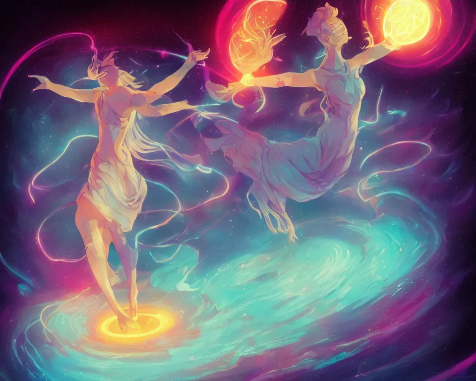 Image similar to a beautiful whimsical goddess floating above a lake basking in the moonlight, firebending, underneath a multi-colored binary blackhole with an accretion disc, glowing trails following her arms, synthwave, by Lois van Baarle, by Greg Rutkowski, by artgerm, by beeple, by studio ghibli, cinematic angle, volumetric lighting, 4k resolution, octane render, trending on artstation, masterpiece