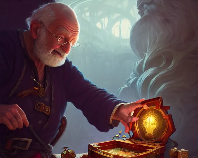 Image similar to photography of an old man picklocking a treasure chest, deep focus, d & d, fantasy, intricate, elegant, highly detailed, digital painting, artstation, concept art, matte, sharp focus, illustration, hearthstone, art by artgerm and greg rutkowski and alphonse mucha
