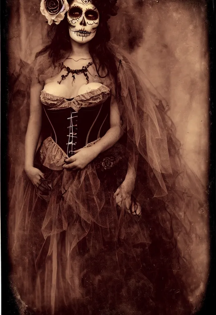 Prompt: tintype full body view, woman veiled dia de muertos dress and make up, corset garters and stockings, horrific beautiful vibe, evocative, atmospheric lighting, painted, intricate, highly detailed,