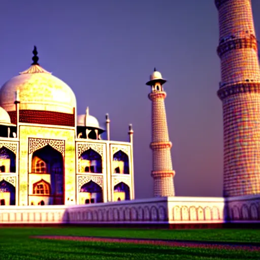 Image similar to taj mahal made of rainbow coloured marble, ultra photorealistic, octane render, vray render, raytraced, 4 k, highly detailed, hyperrealistic, depth of field, cinematic