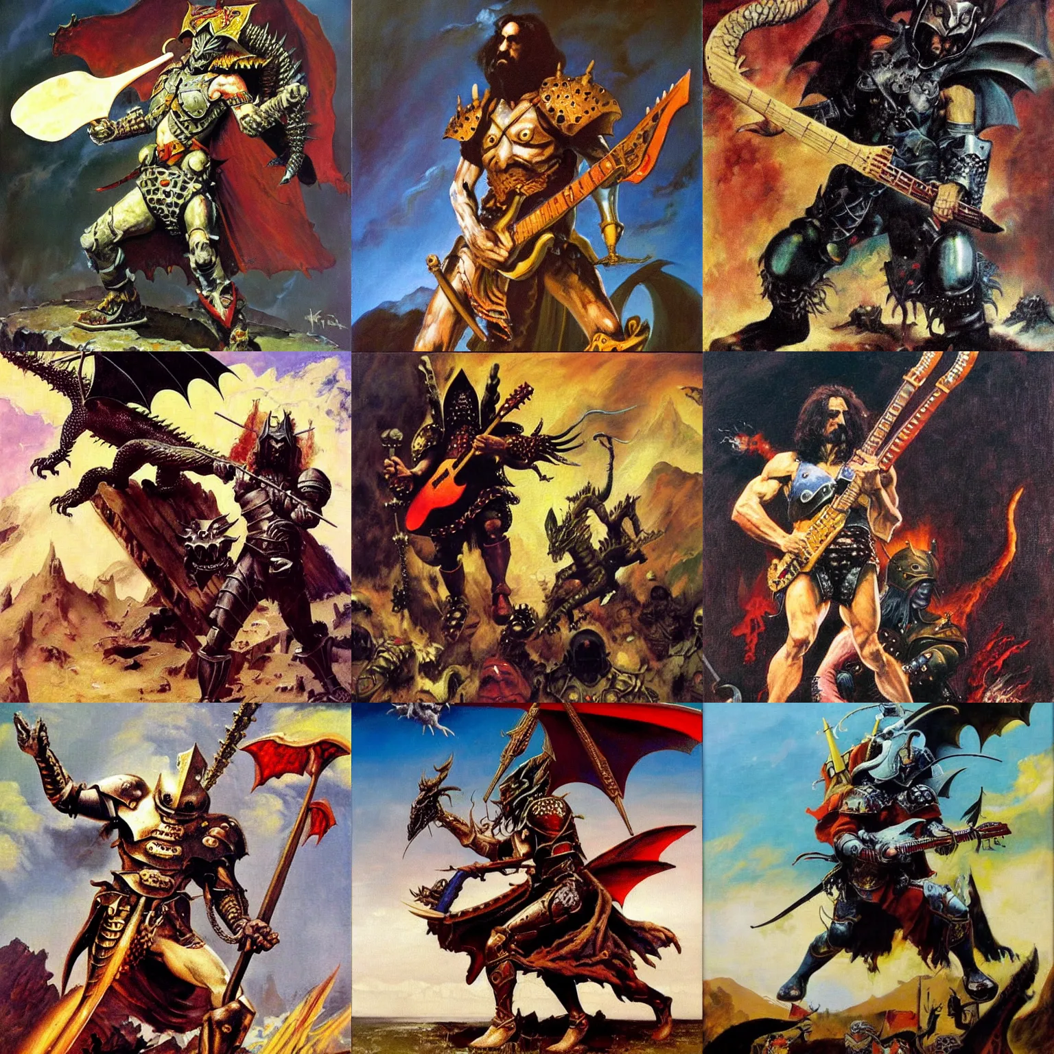 Prompt: frank zappa wearing armour and swinging gibson flying v at a dragon, oil painting, frank frazetta