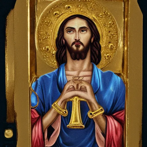 Image similar to jesus as a gangsta, golden chains, golden teeth, making a v with his hand
