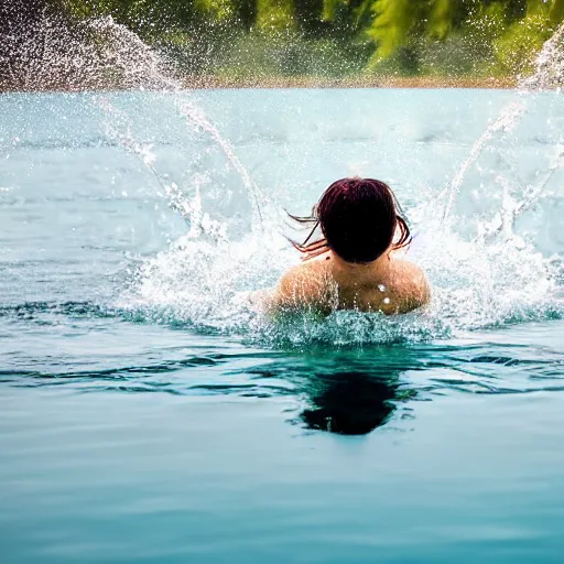 Prompt: stunning photo of a graceful girl swimming in a lake