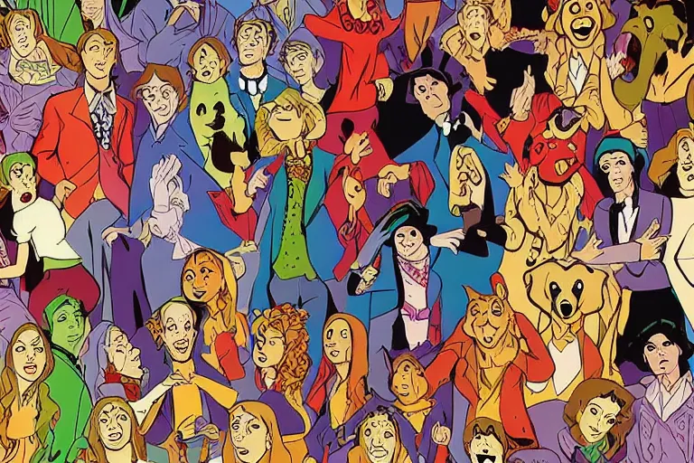 Image similar to Scooby doo cast in Edward burton style, hyper realistic, retro 70s,