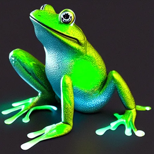 Image similar to A frog made of high-tech metal with green neon lights, highly-detailed, accurate, 3D render