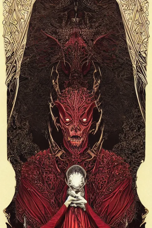 Prompt: portrait of a majestic beautiful androginous vampire, in style of Midjourney, tarot card, insanely detailed and intricate vibrant crimson and black line work, golden ratio, elegant, gothic fog, ornate, horror, elite, ominous, haunting, matte painting, cinematic, cgsociety, Olivier Ledroit, James jean, Noah Bradley, Darius Zawadzki, vivid and vibrant
