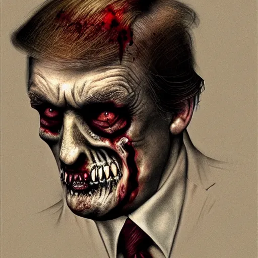 Prompt: portrait of donald j. trump as a zombie looking away, 7 days to die zombie, fine art, soft light from the side, award winning, subtle earthy tones, intricate, elegant, sharp focus, cinematic lighting, digital painting, 8 k concept art, art by michael hussar, art by brom, art by z. w. gu, 8 k