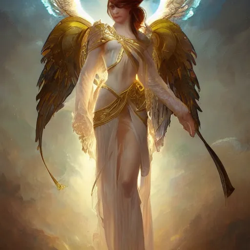 Prompt: angel warrior, beautiful, stunning, gold mist, radiating power, energy, god rays, luminescence, fractal, smooth white and soft by ruan jia, tom bagshaw, alphonse mucha, krenz cushart, vray render, artstation, deviantart, pinterest