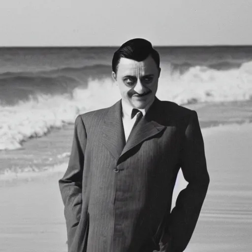 Prompt: b & w photo of gomez addams at the beach