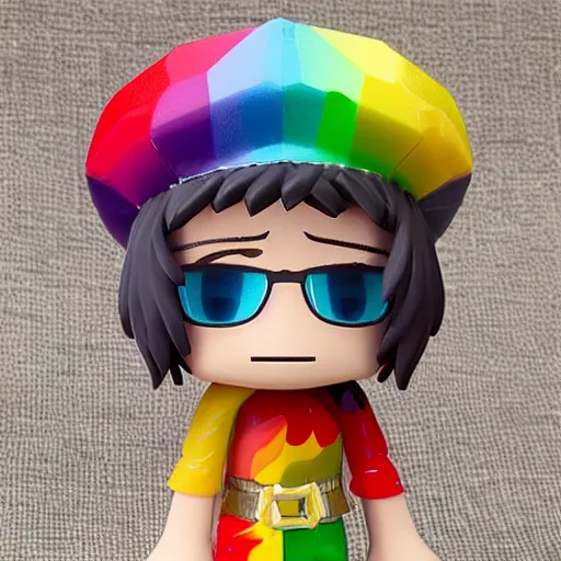 Image similar to a wizard with a rainbow multicolored wizard hat vinyl figure, nendroid