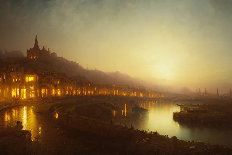 Image similar to a beautiful oil painting of a renaissance city in a serene landscape at night under the horizon line in the upper third by john howe and albert bierstadt and alena aenami and dan mumford and dave noton, unreal engine, trending on behance