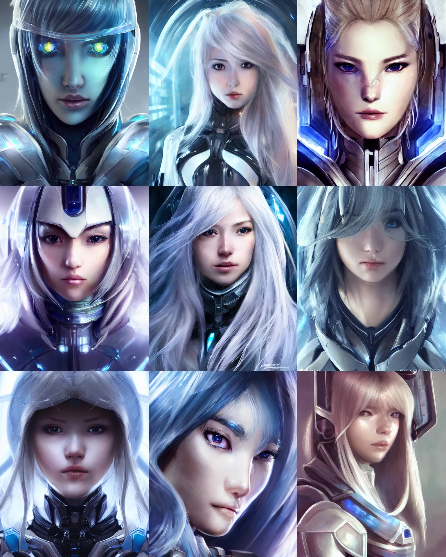 Image similar to detailed portrait of perfect android girl, warframe armor, beautiful face, scifi, futuristic, space station, laboratory, song hye - kyo, dreamy, long white hair, blue cyborg eyes, cinematic lighting, innocent, highly detailed, sharp focus, smooth, artstation, intricate, award winning, pure aura, divine, by akihiko yoshida