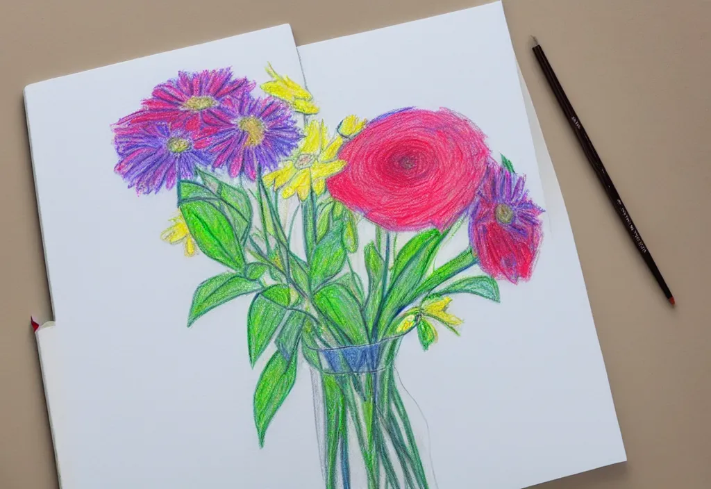 Prompt: impressionist colored pencil drawing of flower bouquet in a sketchbook, minimalist, on coarse white paper, long colored pencil strokes, sketchbook aesthetic, mixed media