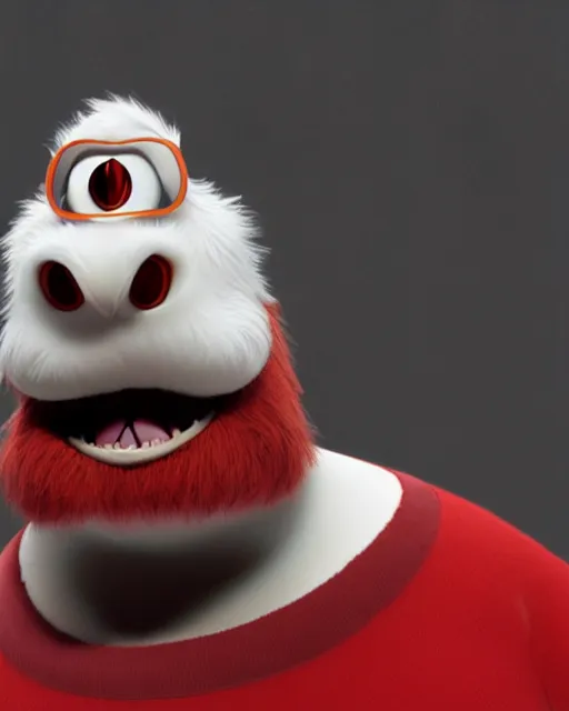 Image similar to 3 d render of completely red hairy friendly antropomorphic cartoony creature wearing chrome shades, without nose, full body, in the style of pixar, white background, unreal engine 5, octane render, highly detailed hdr