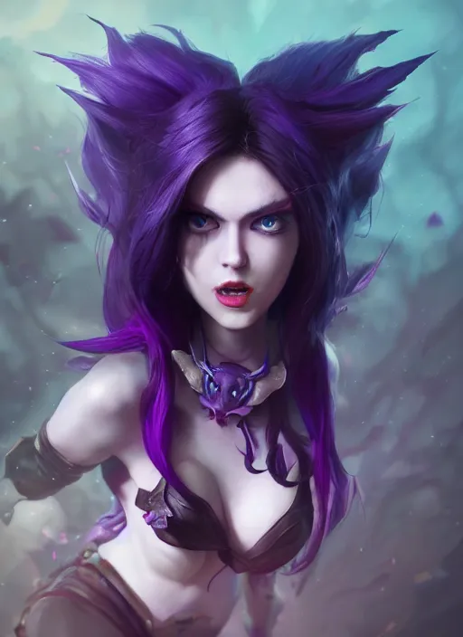 Prompt: playful morgana, from league of legends, au naturel, hyper detailed, purple skin, black wings, digital art, trending in artstation, cinematic lighting, studio quality, smooth render, unreal engine 5 rendered, octane rendered, art style by klimt and nixeu and ian sprigger and wlop and krenz cushart