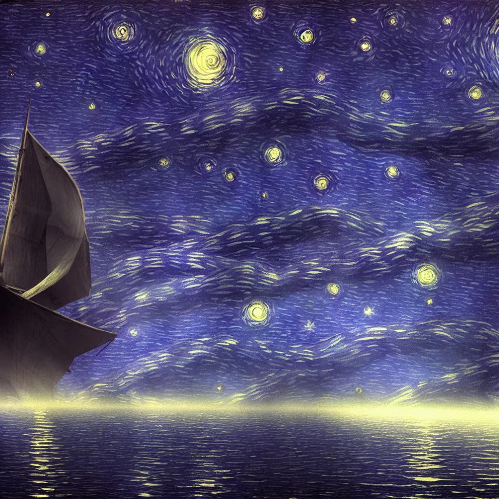 Prompt: matte painting. it's the way of a cosmic sailor, in a boat in the night, but the wolves are not scaring him, starry night, glow, beautiful milkyway, scary, sifi, deep space, dark cyberpunk