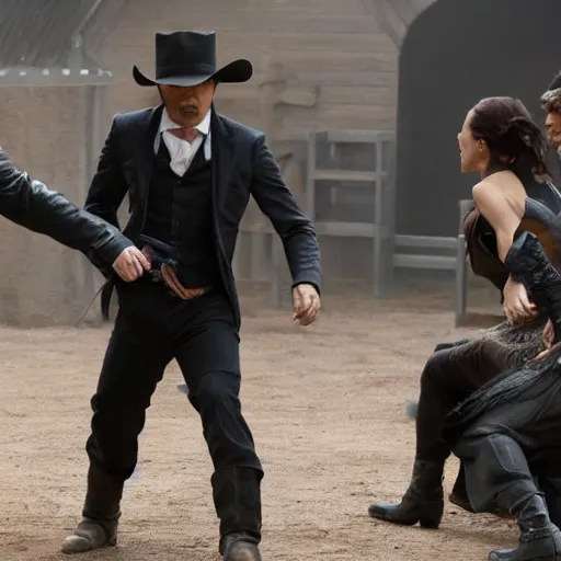 Prompt: a fight has broken out on the set of Westworld