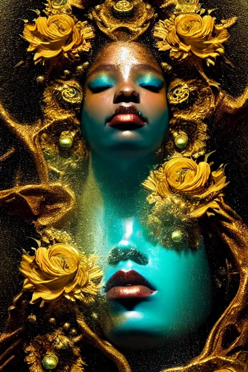 Prompt: hyperrealistic neo rococo cinematic very expressive! black oshun goddess, open eyes, body in water, mirror dripping droplet!, gold flowers, highly detailed face, digital art masterpiece, smooth eric zener cam de leon dramatic pearlescent teal light, ground angle uhd 8 k, sharp focus