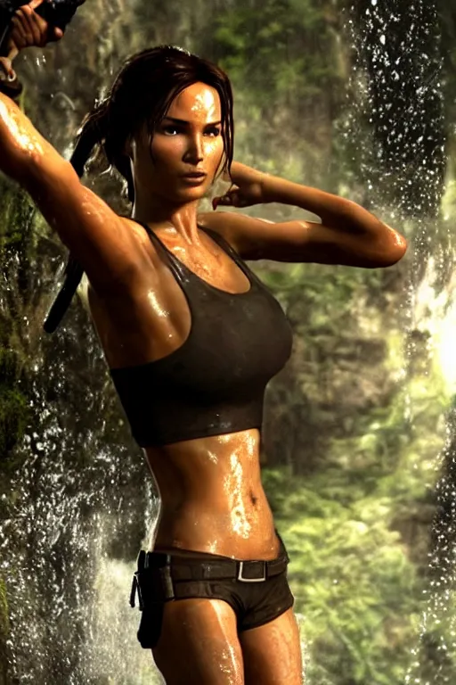 Image similar to a film still of lara croft, close up face, muscular body, drenched body, photography, wet dripping hair, emerging from the water