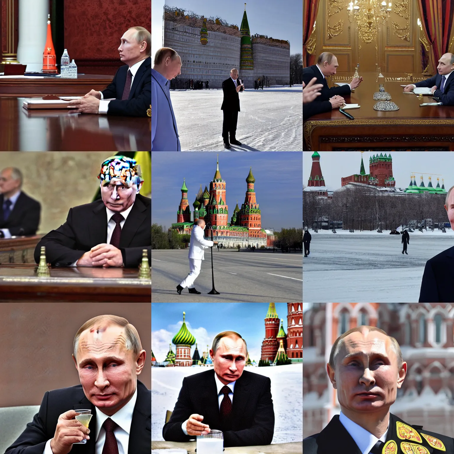 Prompt: putin drinking radioactive in front of kremlin wide angle lens