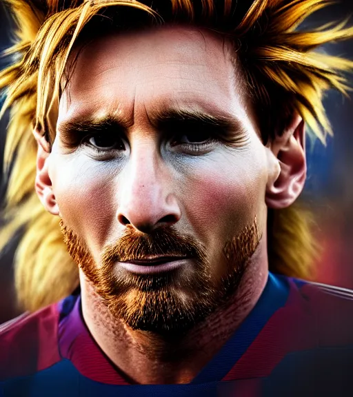Prompt: award winning 5 5 mm close up portrait color photo of super saiyan lionel messi, in a stadium by luis royo. soft light. sony a 7 r iv