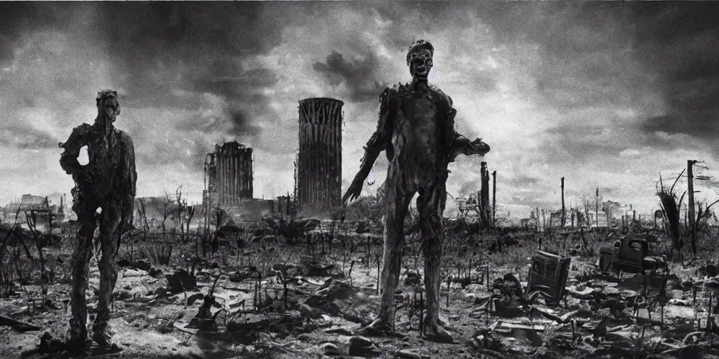 Image similar to portrait of irradiated post apocalyptic nuclear wasteland undead 1950s black and white award winning photo highly detailed Arriflex 35 II, lighting by stanley kubrick