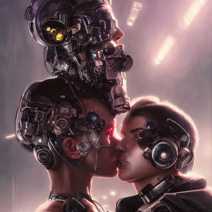 Prompt: ultra realistic portrait of a couple of cyborgs kissing, lovers, cyberpunk, sci - fi, fantasy, kodak, colour led, soft light, volumetric lighting, night, intricate, highly detailed, digital painting, concept art, smooth, sharp focus, illustration, art by artgerm and greg rutkowski and alphonse mucha