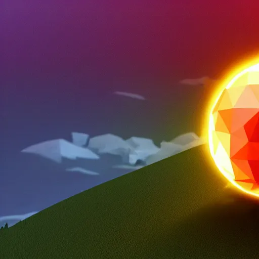 Image similar to ball of flaming rainbow in the middle of a low poly forest, eeve render, blender, bloom, sunset, clouds