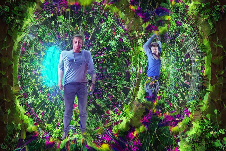 Prompt: guy standing in spinning portal where he can see himself in the future, trippy, weird, colorful, artstation, realistic, climbing plants