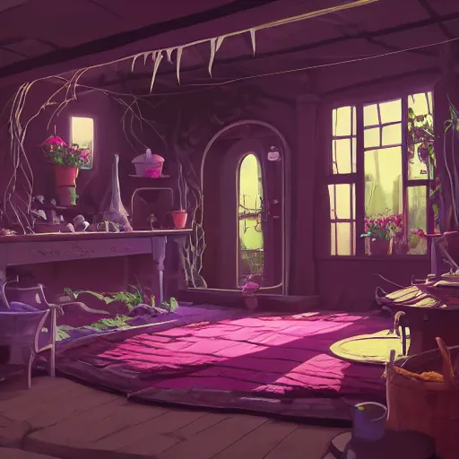 Image similar to concept art painting of a interior of a cozy alien fantasy cottage, with black vines and magenta houseplants, realistic, detailed, cel shaded, dark, in the style of makoto shinkai and greg rutkowski and james gurney