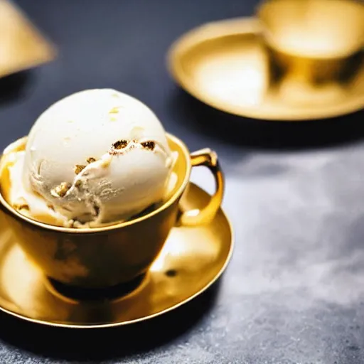 Image similar to ultra realistic photo of a cup of ice cream in golden cup with rich details and luxury plates