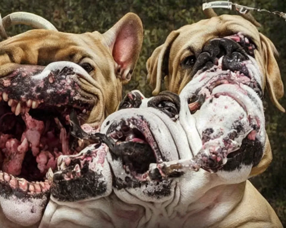 Image similar to a horror movie featuring a scary bull dog chewing on a wasp,