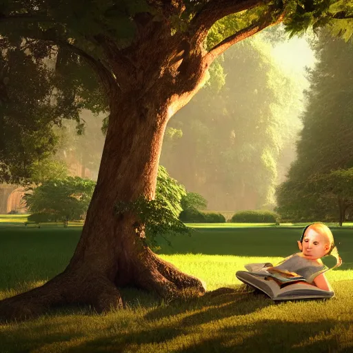 Prompt: a child reading a book under a beautiful tall tree growing in the middle of an ancient Victorian library. inspired by Albert Bierstadt, ultra-realistic, 4K, featured on artstation