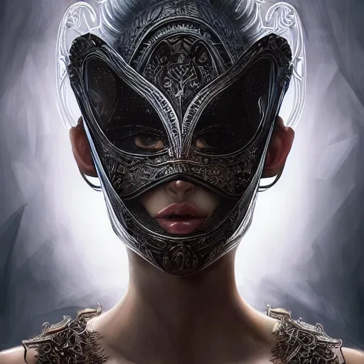 Image similar to Very very very very highly detailed epic photo of face with venetian mask, intricate, dystopian, sci-fi, extremely detailed, digital painting, artstation, concept art, smooth, sharp focus, illustration, intimidating lighting, incredible art by Artgerm and Anton Pieck