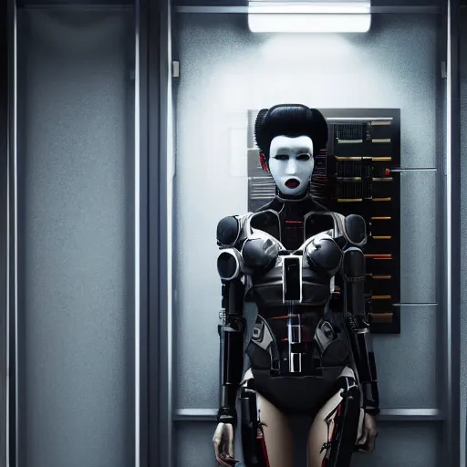 Image similar to a hyper realistic futuristic, minimal, stunningly cyborg tradition geisha photograph, covering face with a intricate sci - fi equipment, high fashion, in a dark futuristic room, metal gear solid, dark moody backlighting, paper door, ray tracing, ambient light, octane render,