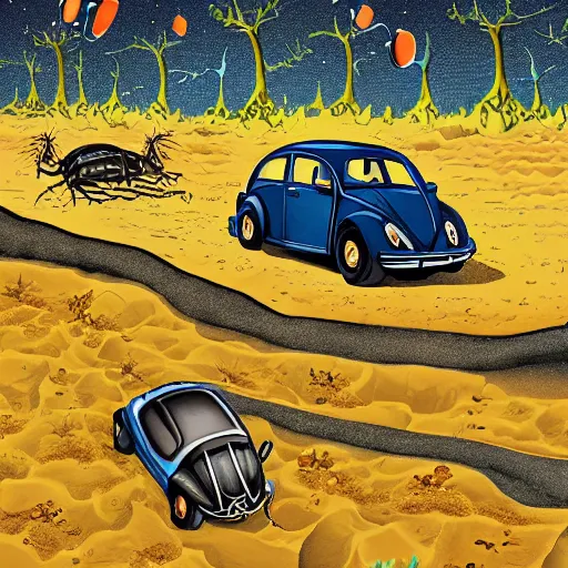 Prompt: highly detailed illustration of a beetle and the beatles battling on the battleground