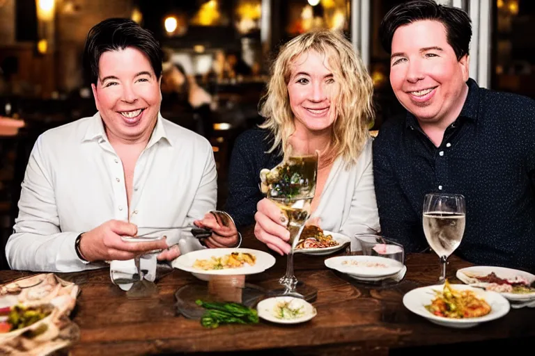 Image similar to portait of michael mcintyre and middle aged blonde woman with short hair and a blonde woman with long hair having dinner at sunday in brooklyn restaurant