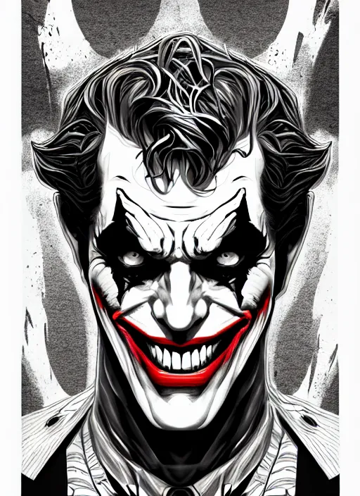 Image similar to symmetry concpet art, full shot, traditional ink, sketch, of the joker, line sketch, intricate, elegant, highly detailed, monochrome, digital painting, artstation, concept art, sharp focus, illustration, art by borderlands 3 and peter polach