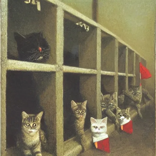 Image similar to many cats wearing masks lined up outside a guard booth by michael sowa.