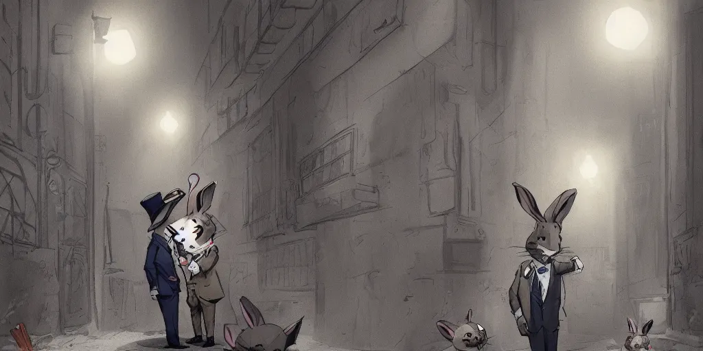 Image similar to rabbit wearing a tie is talking to a well dressed raccoon in a dark alley, warm color palette, night time, dramatic lighting, noir film, character sheet, fine details, high contrast, blacksad, kim jung gi, greg rutkowski, trending on artstation, 8 k, front view, back view, ultra wide angle